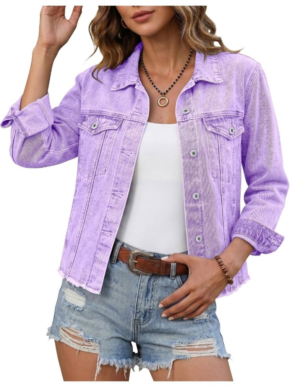 Women’s Lilac Breeze Western Trucker Frayed Hem Vintage Distressed Jean Jacket